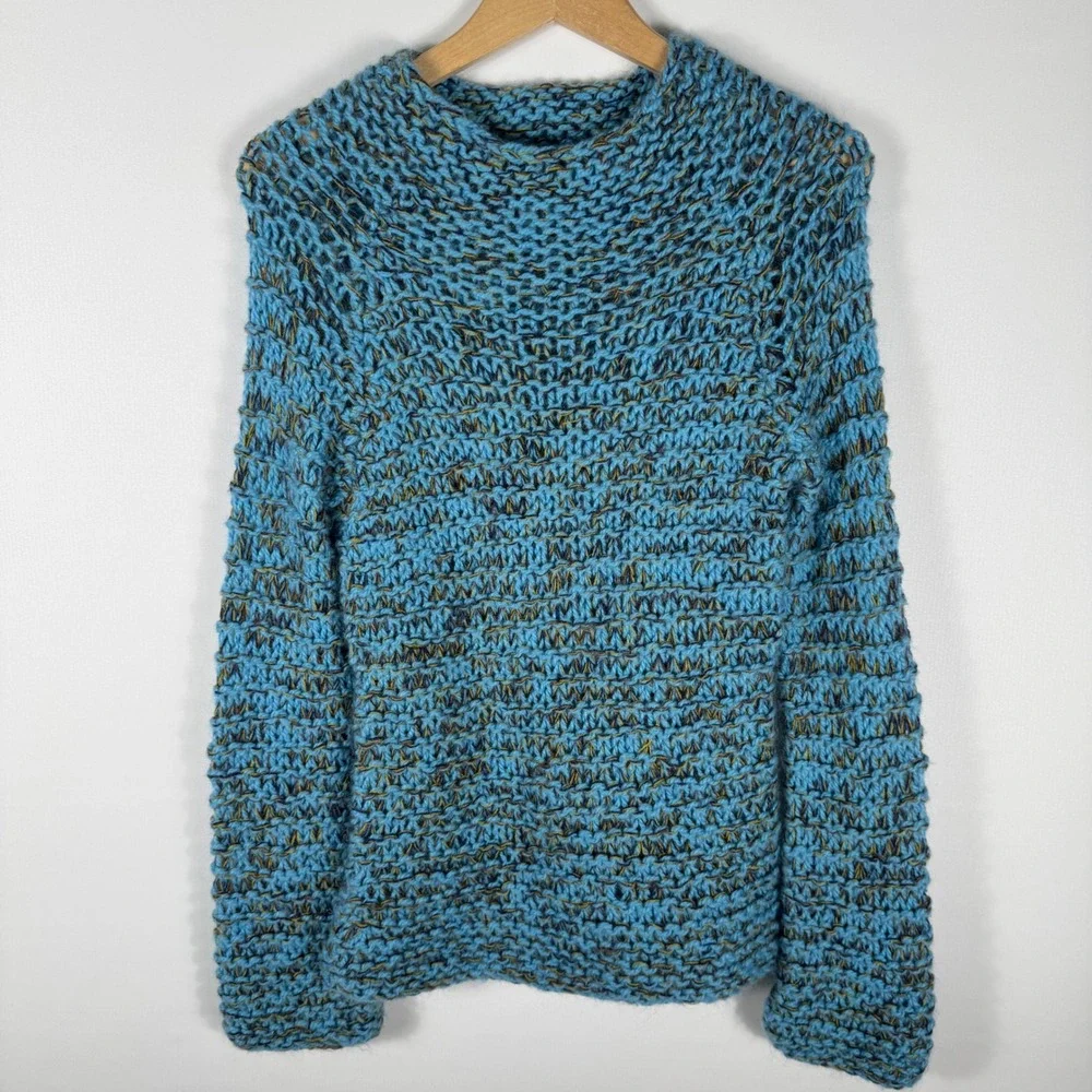 Free People Marl Chunky Wool Blend Knit Sweater Womens S/P Blue Relaxed Fit